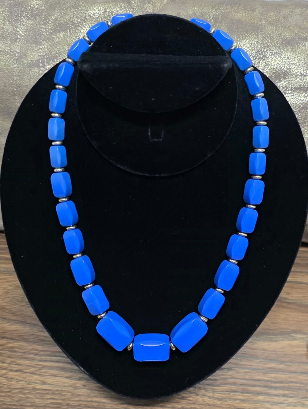 Bold Cobalt Lucite Bead Necklace with Gold-tone Accents - 16" Vintage